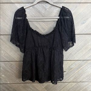 Sheer Black Lace Peplum Blouse with Flutter Sleeves